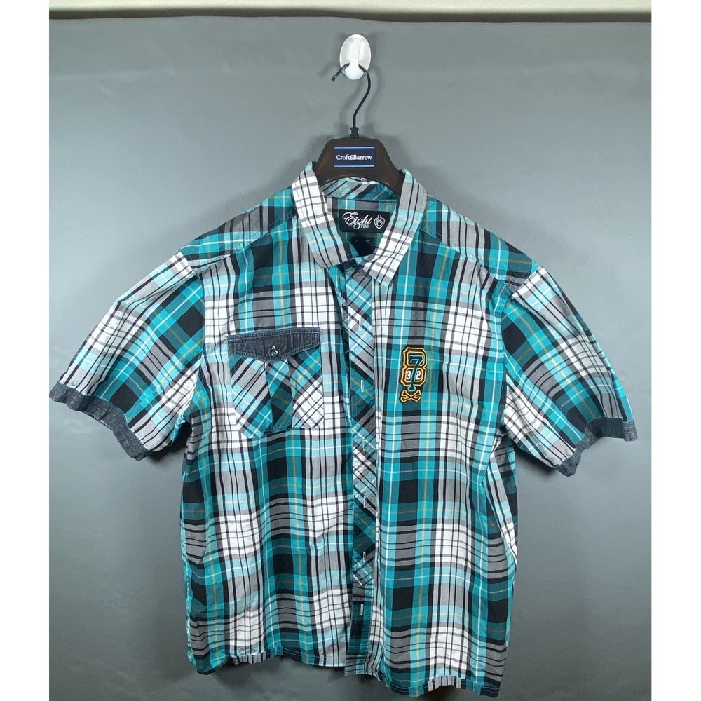 EIGHT 732 Men's 3XL Charcoal Teal & Gray Plaid Button Front Short Sleeve Shirt